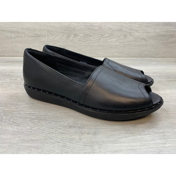 Fitflop Shoes - FitFlop Duocomff Women's Peep Toe Flats Black Leather 8 Comfort Casual‎ Shoes